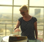 Yellow glasses, yellow hair - but laughing, so maybe it's true about blondes and fun?!  (photo taken at the top of Bayterek Tower, Astana)